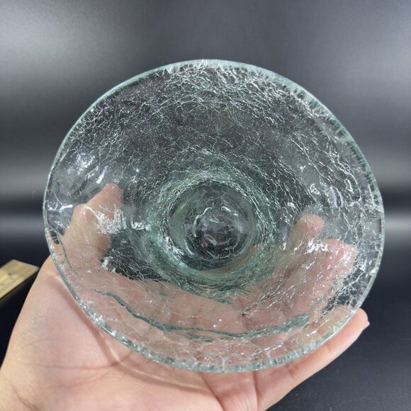 Hand Blown Clear Crackled Glass Folded Dish Bowl Hand Made Glass Decor Vintage - Picture 5 of 16